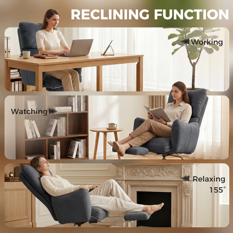 HOMCOM Office Chair with Foot Rest, Ergonomic Reclining Computer Gaming Chair w/ Snow Flannel Fabric, Thick Cushion, Dark Grey