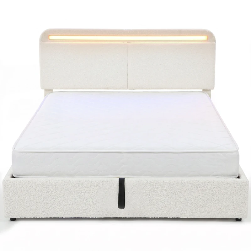 HOMCOM Queen Size Bed Frame with Charging Station, LED Lights, Adjustable Headboard, Upholstered Platform Bed Frame White