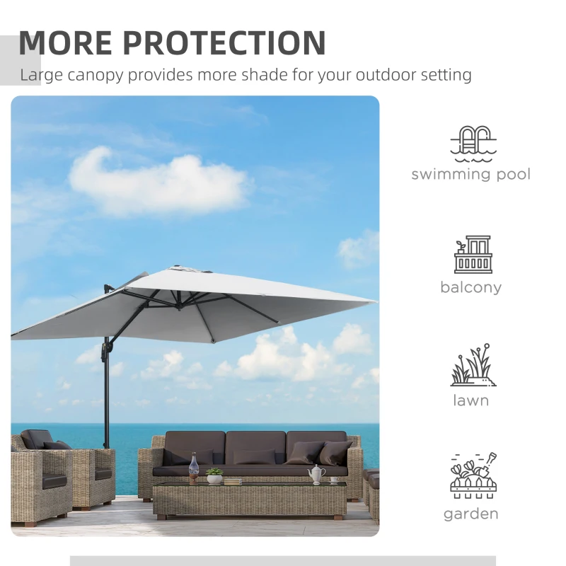 Outsunny 9ft Cantilever Patio Umbrella, Square Overhanging Umbrella with Cross Base, Crank Handle, Tilt Light Grey
