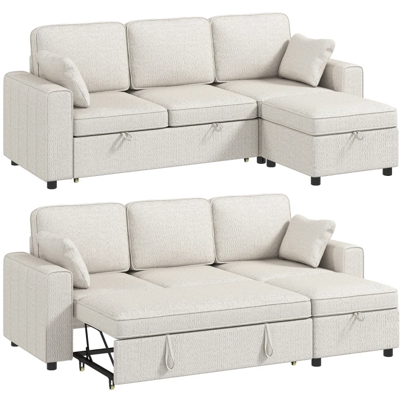 HOMCOM Modular Sectional Sofa Bed with Reversible Storage Ottoman, Pull Out Sleeper Sofa with Spring Cushion, Beige