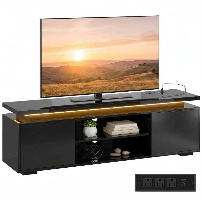 HOMCOM TV Stand for TVs up to 60 Inch, Modern Entertainment Center with LED Lights and Power Outlets, High Gloss Black
