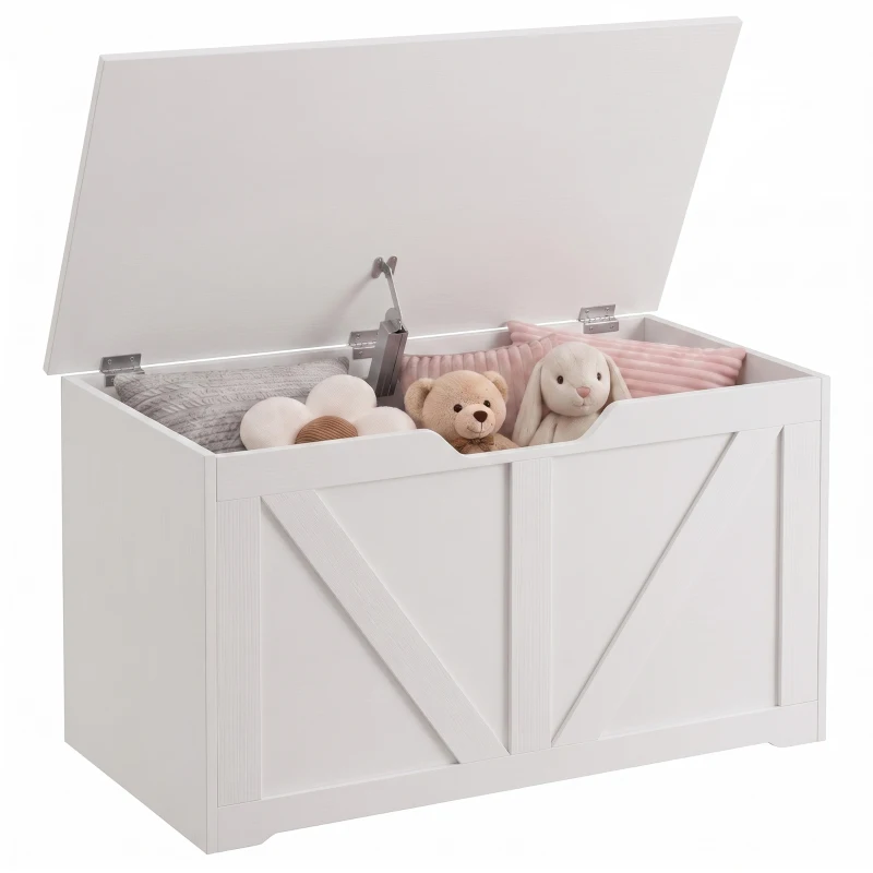 HOMCOM 31.5 Inches Storage Chest, Storage Trunk with Safety Hinge for Living Room, White Wood Grain