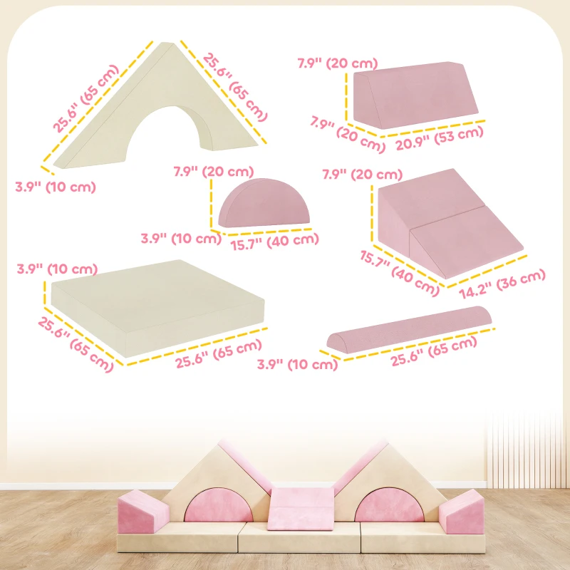 Qaba 12 PCS Modular Kids Play Couch, Child Sectional Sofa for Toddlers, Convertible Foam and Floor Cushion, Pink
