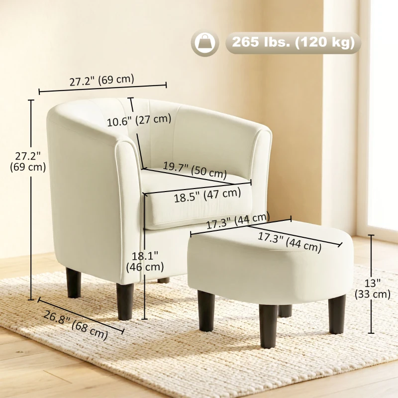 HOMCOM Accent Chair Modern Upholstered Living Room Chair with Ottoman and Pocket Spring Cushion Cream White