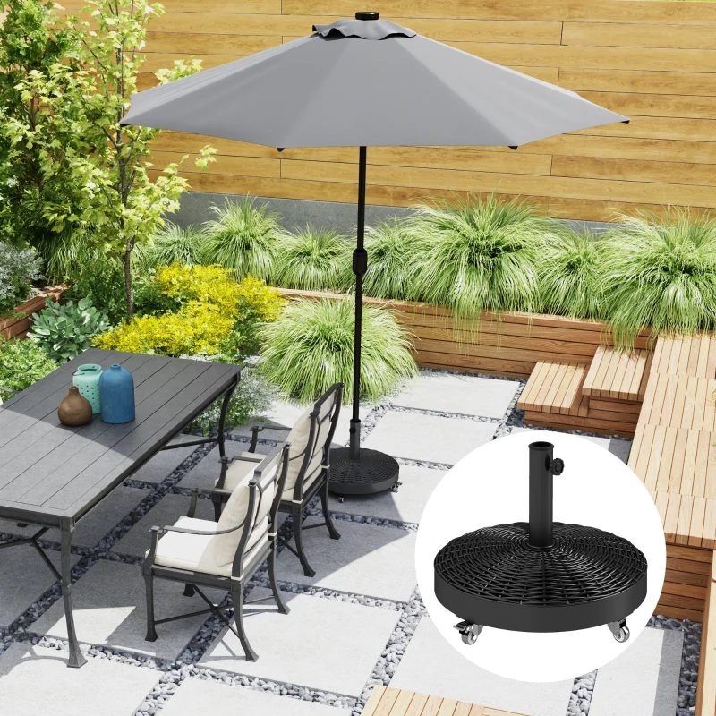 Outsunny Round Umbrella Base with Wheels, Cement-Filled 55 lbs Parasol Stand, Black - Great for Garden and Patio