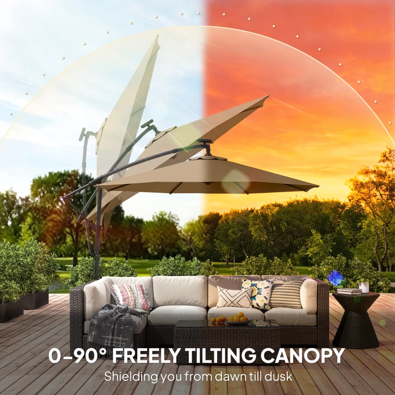Outsunny 9.7 ft Cantilever Patio Umbrella with Solar Light, Garden Hanging Parasol with Cover, Tilt, Crank, Khaki