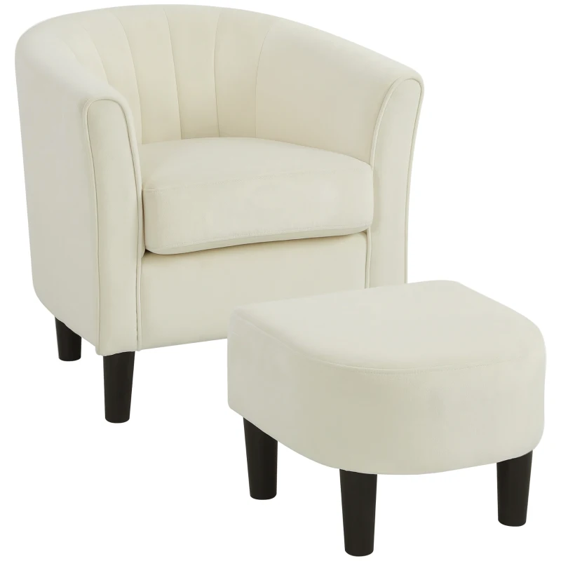 HOMCOM Accent Chair Modern Upholstered Living Room Chair with Ottoman and Pocket Spring Cushion Cream White
