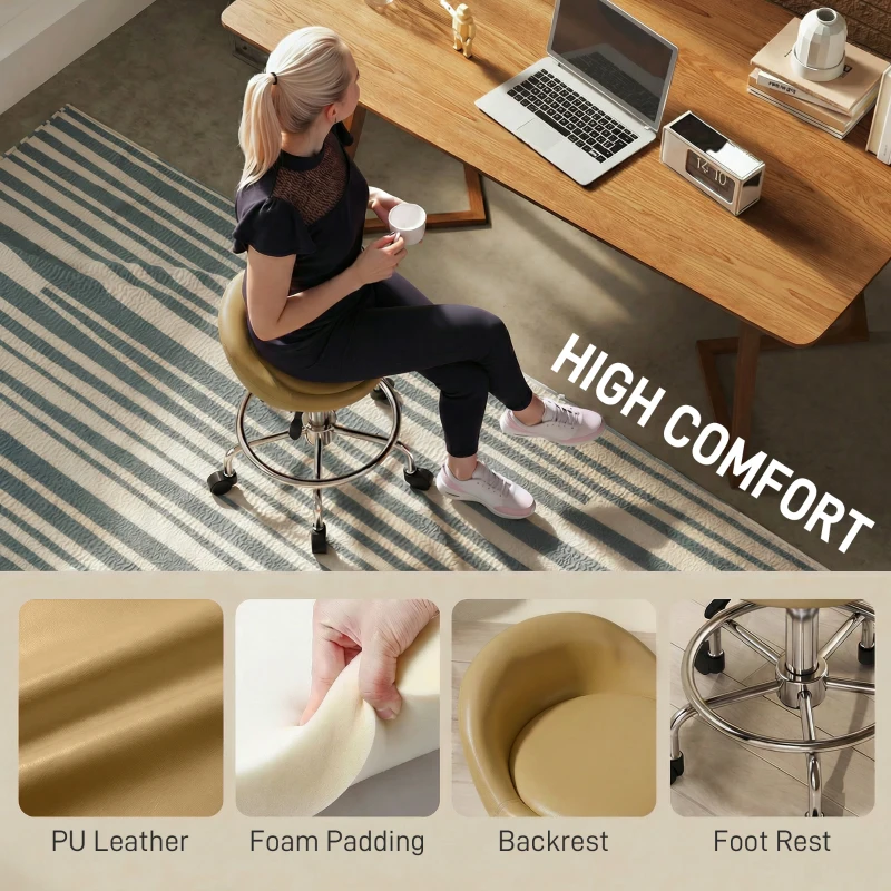 HOMCOM PU Leather Rolling Stool, Height Adjustable Swivel Salon Chair with Backrest and Foot Rest for Spa, Tattoo, Light Brown