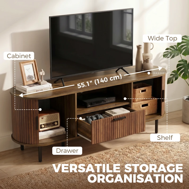 HOMCOM TV Stand for TVs up to 60", Modern Entertainment Center with Curved Sliding Doors and Storage, Brown