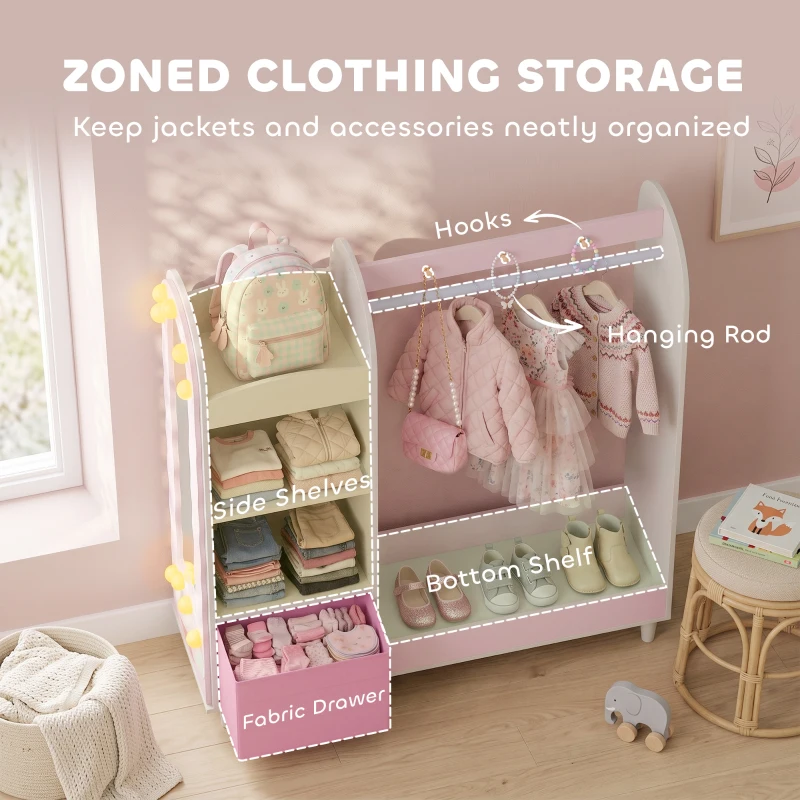 Qaba Kids Clothing Rack, Kids Wardrobe with Glowing Lights Mirror, Non-Woven Drawer and Shelves for Bedroom, Ages 3-8, Pink