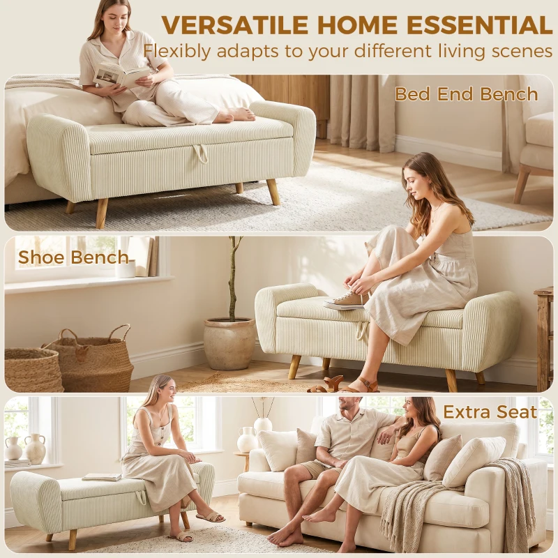 HOMCOM Storage Ottoman, 59" Corduroy End of Bed Storage Bench for King Size Bed with Wooden Legs and Rolled Arms, Beige