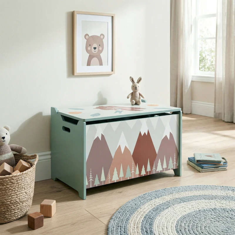 Qaba Toy Box, Kids Storage Chest with Lid, Safety Hinges and Groove Handles, Toy Storage Organizer with Mountain Pattern for Boys, Girls, Green