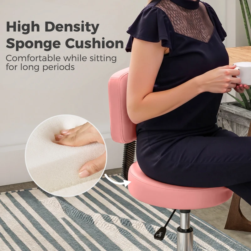 HOMCOM Rolling Stool with Wheels, Swivel Stool with Back Support, Adjustable Height, PU Leather Swivel Chair, Pink