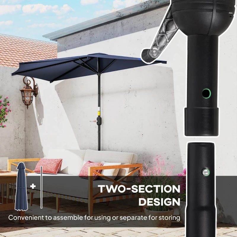 Outsunny 9.8ft Half Umbrella Semi Round Patio Parasol with Crank Handle, Top Vent for Garden, Balcony- NO BASE INCLUDED, Dark Blue