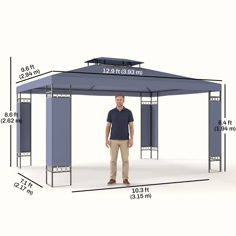 Outsunny 10' x 13' Outdoor Gazebo, Double Roof Patio Gazebo Canopy Shelter with Screen Decorate Corner Frame, Grey