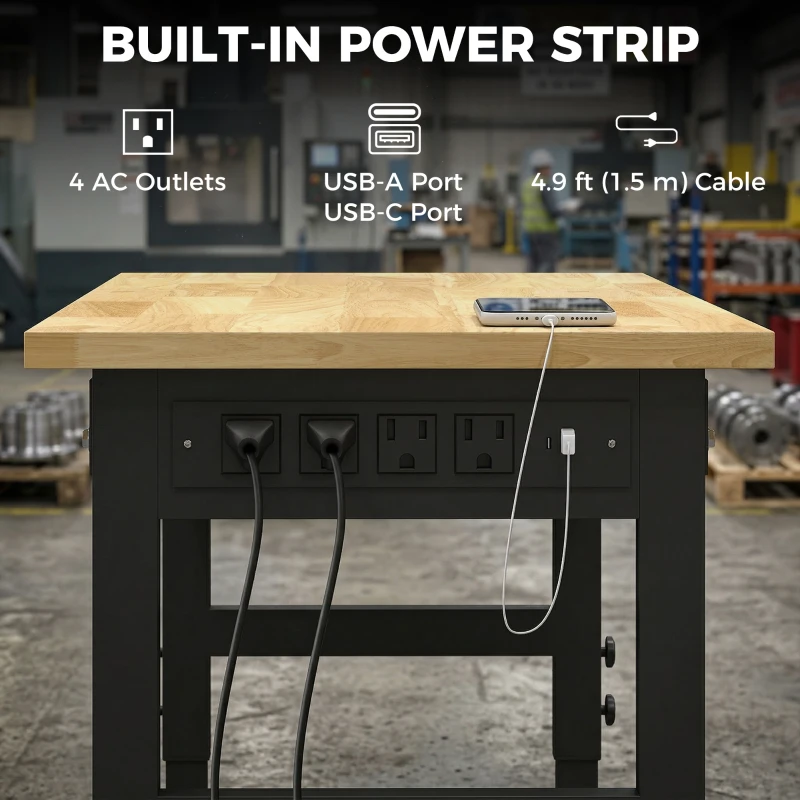HOMCOM 48" Adjustable Workbench, Heavy Duty Work Table with Rubber Wood Top, Power Outlets, Pegboard, 2000 LBS Capacity