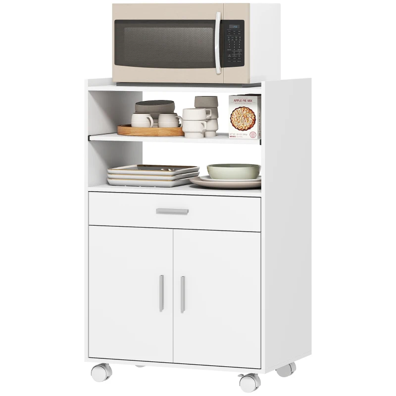 HOMCOM Microwave Cart with Wheels, Microwave Stand with Worktop, Open Shelves and Drawer, Storage Cabinet, White