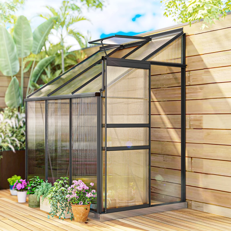 Outsunny Aluminum Lean-to Greenhouse Polycarbonate Walk-in Greenhouse with Rain Gutter and Sliding Door, 6' x 4', Dark Grey