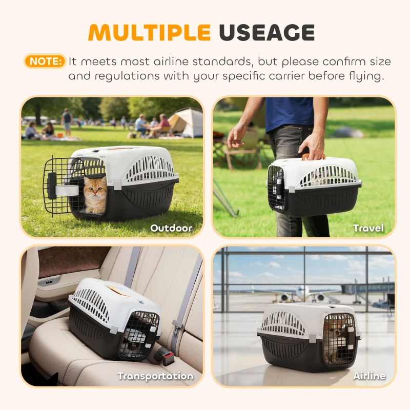 PawHut Airline Approved Pet Carrier for Mini Dogs and Cats with Steel Wire Door, Water Bowl, for Car, Airplane, Outdoor, Balck