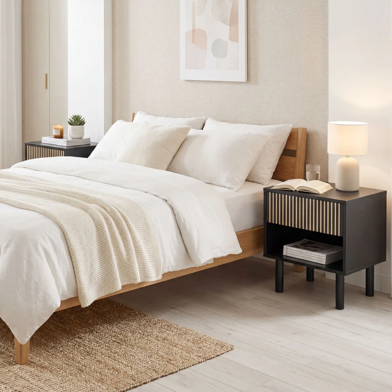 HOMCOM Modern Bedside Table with Drawer and Open Shelf, Sofa Side Table for Bedroom Living Room, Black