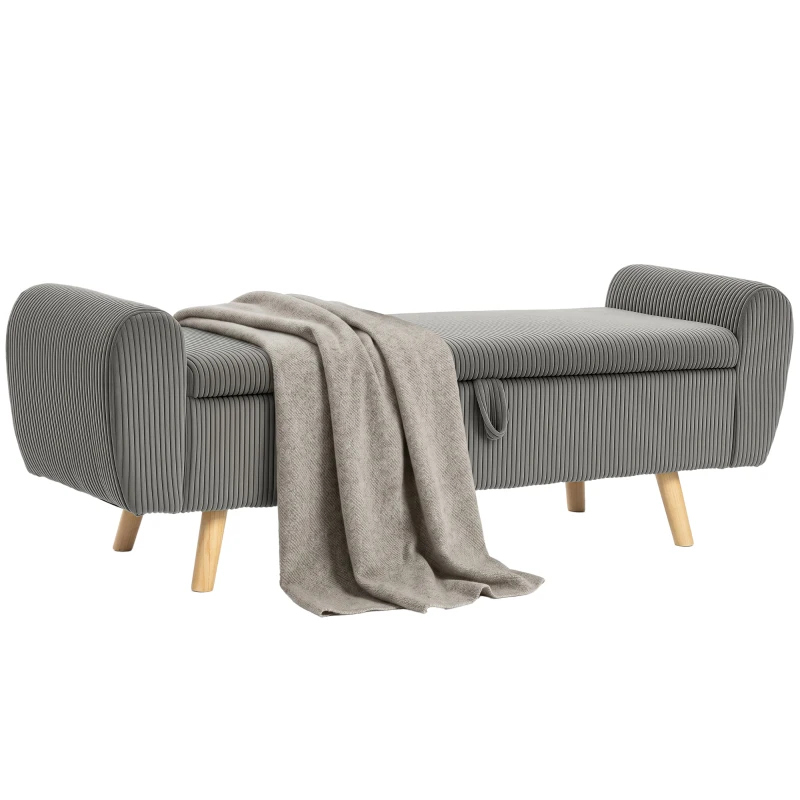 HOMCOM Storage Ottoman, 59" Corduroy End of Bed Storage Bench for King Size Bed with Wooden Legs and Rolled Arms, Dark Grey