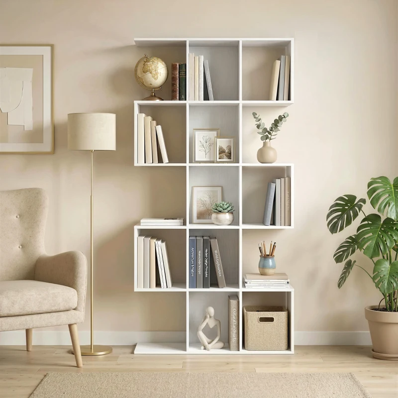 HOMCOM 5-Tier Bookshelf, S Shaped Geometric Bookcase with 15 Compartments, White Wood Grain