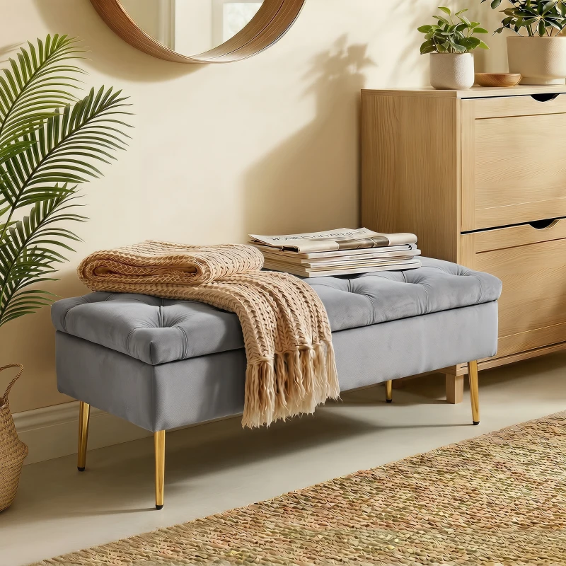 HOMCOM Upholstered Bedroom Bench with Gold Tone Metal Legs, Velvet Tufted and Thick Padding, Grey