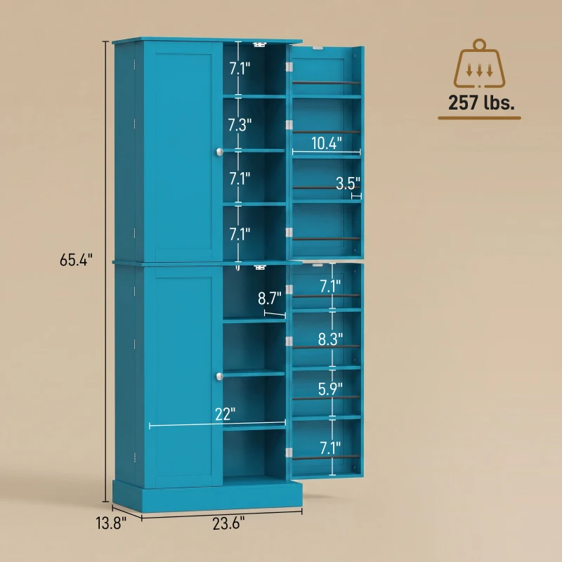 HOMCOM 65" Kitchen Cabinet, Kitchen Pantry Cabinet with 4 Doors and 16 Door Shelves for Dining Room, Blue