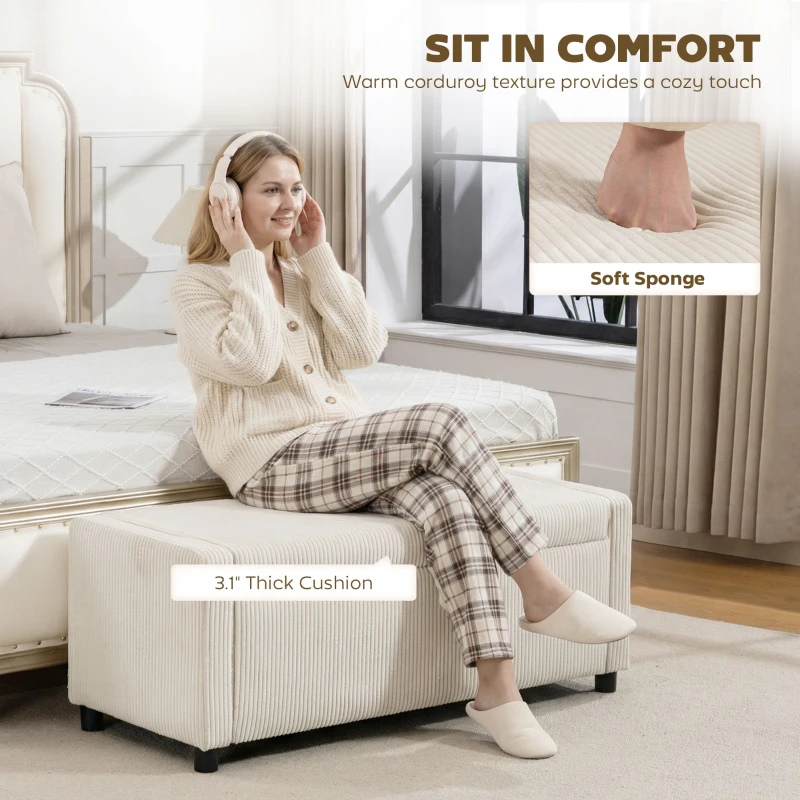 HOMCOM Storage Ottoman, Upholstered Corduroy End of Bed Bench with Thick Padding, Storage Bench for Bedroom, Beige