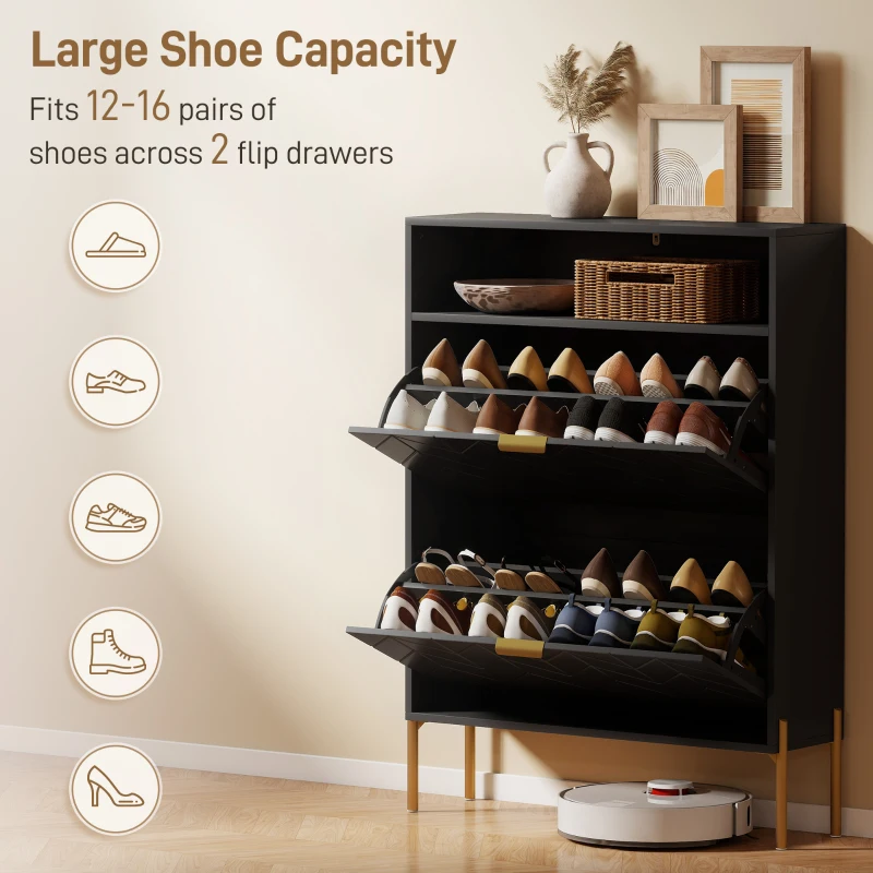 HOMCOM Shoe Cabinet with 2 Flip Drawers, Modern Narrow Shoe Storage Cabinet with Open Compartment, Adjustable Shelves, Black