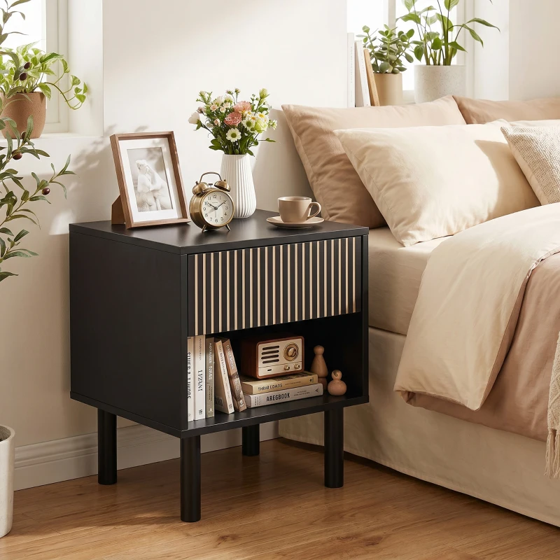 HOMCOM Modern Bedside Table with Drawer and Open Shelf, Sofa Side Table for Bedroom Living Room, Black