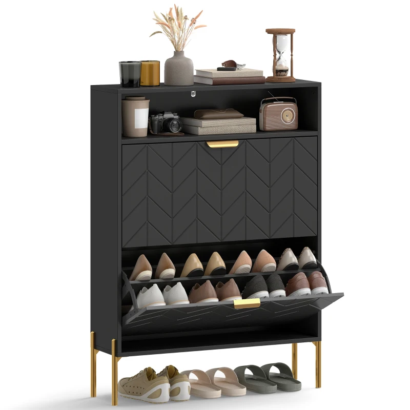 HOMCOM Shoe Cabinet with 2 Flip Drawers, Modern Narrow Shoe Storage Cabinet with Open Compartment, Adjustable Shelves, Black