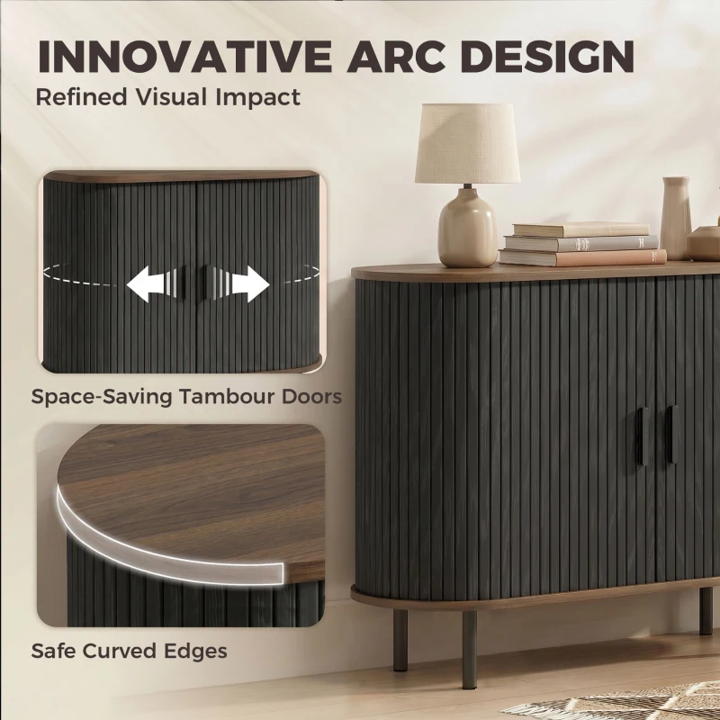 HOMCOM Sideboard Buffet Cabinet with Curved Tambour Doors and Storage, Brown Wood Grain