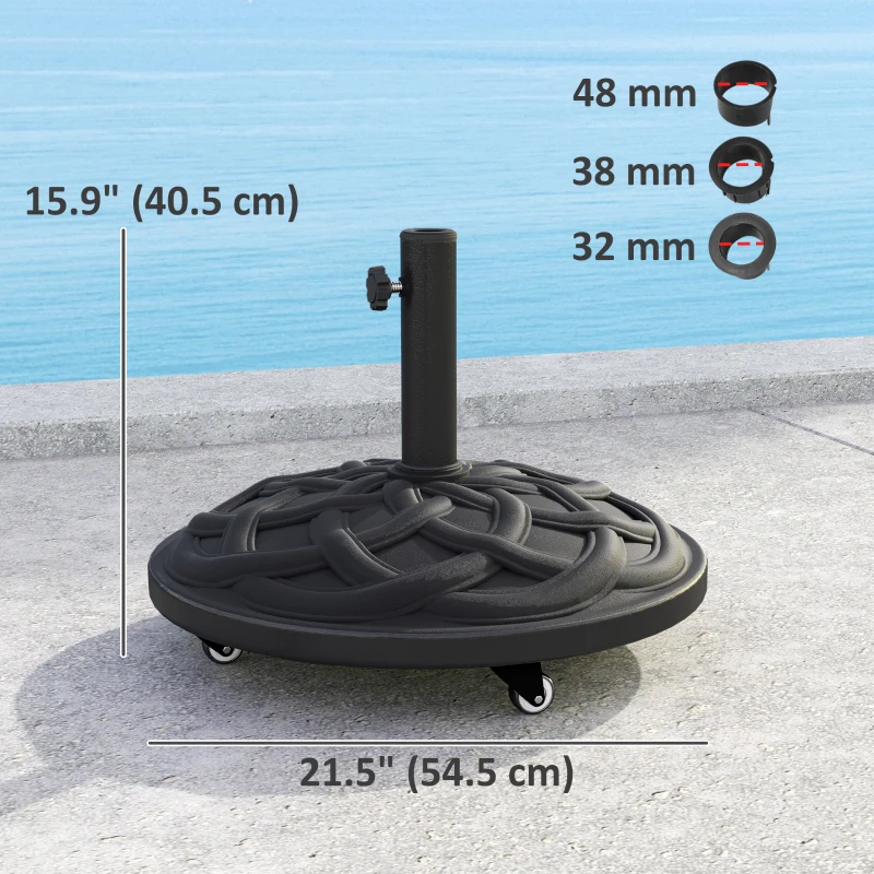 Outsunny Round Patio Umbrella Base with Wheels, 44 lbs Resin Umbrella Stand Base, 1.3"/1.5"/1.9" Umbrella Poles Black