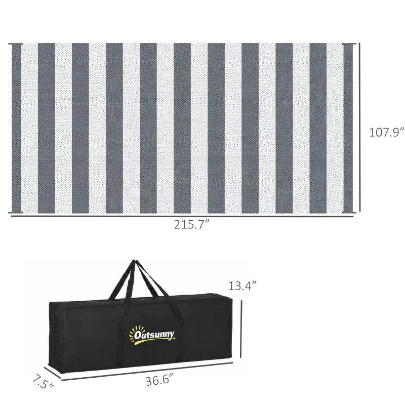 Outsunny Reversible Outdoor Rug, 9' x 18' Waterproof Plastic Straw Floor Mat, Portable RV Camping Carpet, Large Floor Mat for Backyard, Deck, Picnic, Beach, Gray & White Striped
