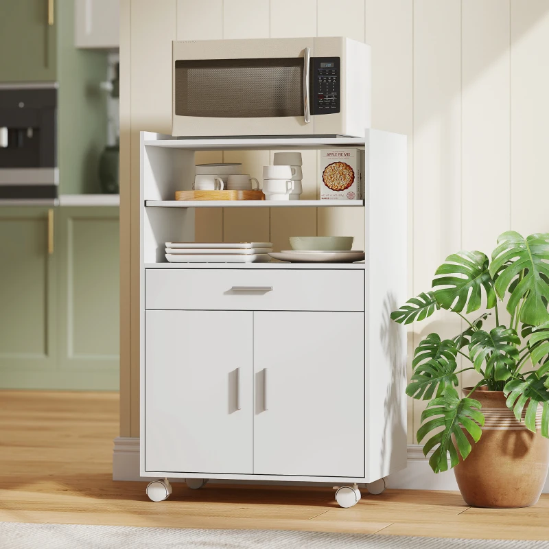 HOMCOM Microwave Cart with Wheels, Microwave Stand with Worktop, Open Shelves and Drawer, Storage Cabinet, White