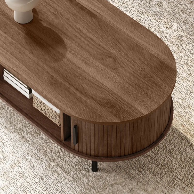 HOMCOM Coffee Table with Sliding Tambour Doors and Storage Center Table with Metal Legs, 39", Brown