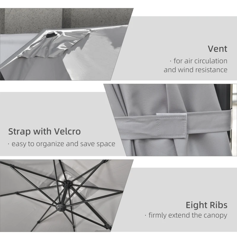 Outsunny 9ft Cantilever Patio Umbrella, Square Overhanging Umbrella with Cross Base, Crank Handle, Tilt Light Grey