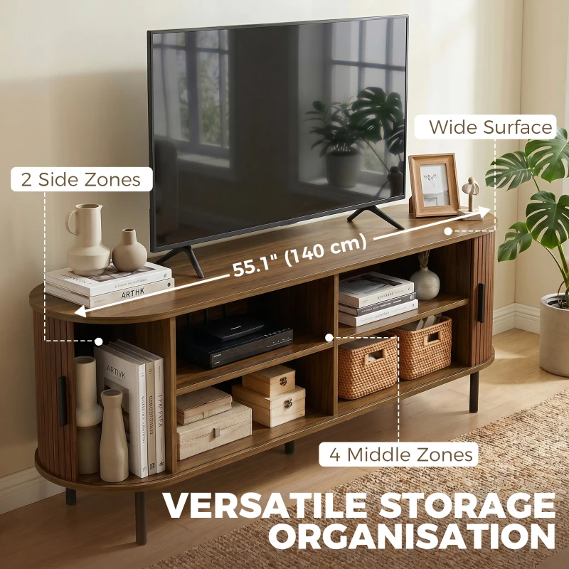 HOMCOM TV Stand for TVs up to 60", Modern Entertainment Center with Curved Sliding Doors, Walnut Brown