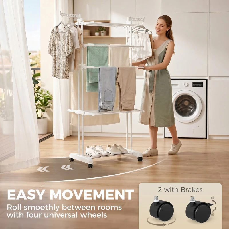 HOMCOM 5-Tier Clothes Drying Rack, Foldable Laundry Drying Rack with Wheels, Side Wings, White