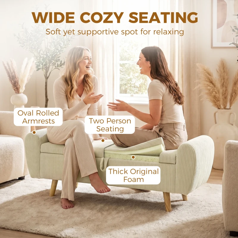 HOMCOM Storage Ottoman, 59" Corduroy End of Bed Storage Bench for King Size Bed with Wooden Legs and Rolled Arms, Beige