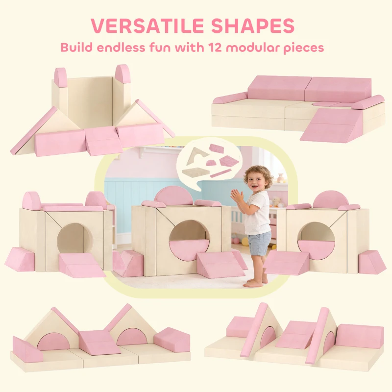 Qaba 12 PCS Modular Kids Play Couch, Child Sectional Sofa for Toddlers, Convertible Foam and Floor Cushion, Pink