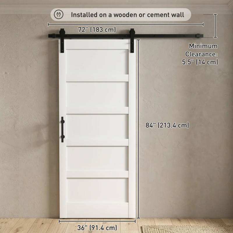 HOMCOM 36"x84" Sliding Barn Door with Hardware Kit, Shaker Style Sliding Door with Handle, Track, Floor Guide, White Wood Grain