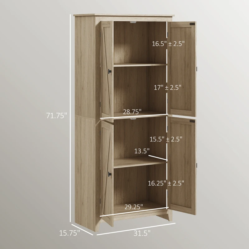 HOMCOM 72" Freestanding Kitchen Pantry Cabinet, Farmhouse Tall Storage Cabinet with 4 Door Cabinets and Adjustable Shelves for Dining Room, Natural