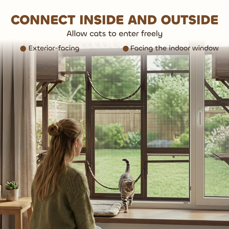 PawHut Catio Playground Cat Window Box Outside Enclosure for Multiple Cats w/ Shelves & Bridges, Coffee Brown