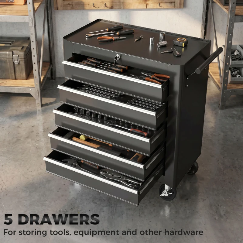 HOMCOM Rolling Tool Chest, 5-Drawer Lockable Tool Cabinet with 4 Wheels, Handle, Toolbox Storage Organizer for Garage, Workshop, Repair Shop, Black