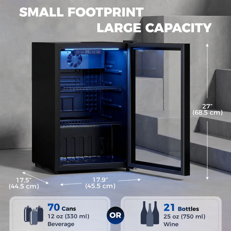 HOMCOM 2.4 Cu.Ft Beverage Refrigerator, 70 Can Beverage Fridge Cooler with Double-Layer Glass Door