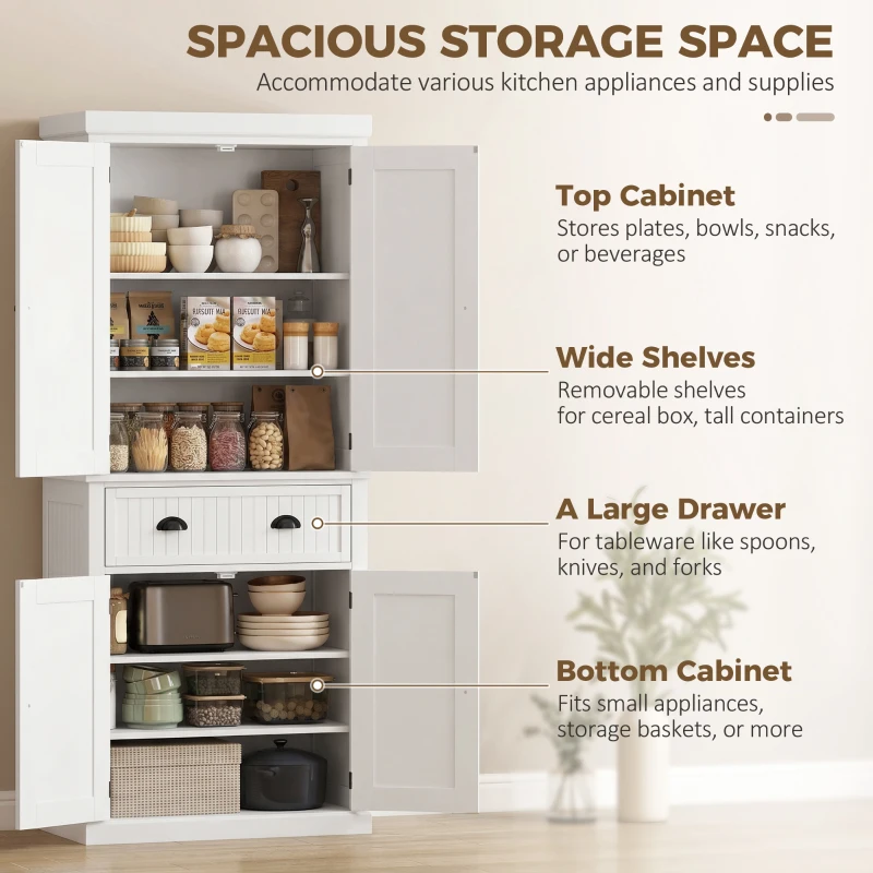 HOMCOM 72" Kitchen Pantry, Freestanding Storage Cabinet with Drawer, Doors, White
