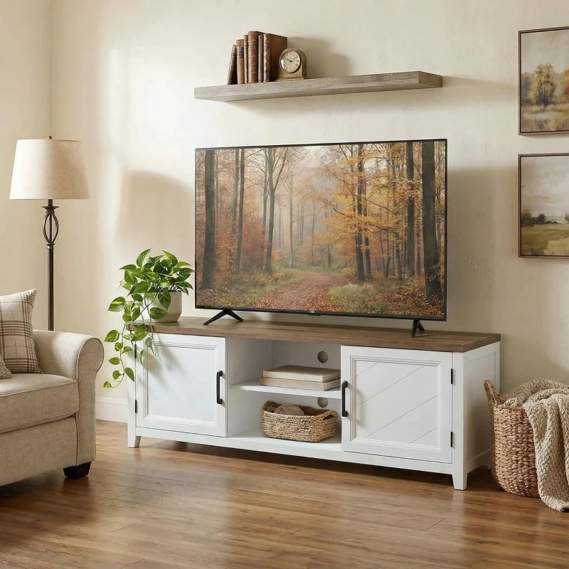 HOMCOM TV Stand for TVs up to 65 Inch, Entertainment Center with 2 Open Shelves, 2 Cabinets, Thick Top, White and Brown