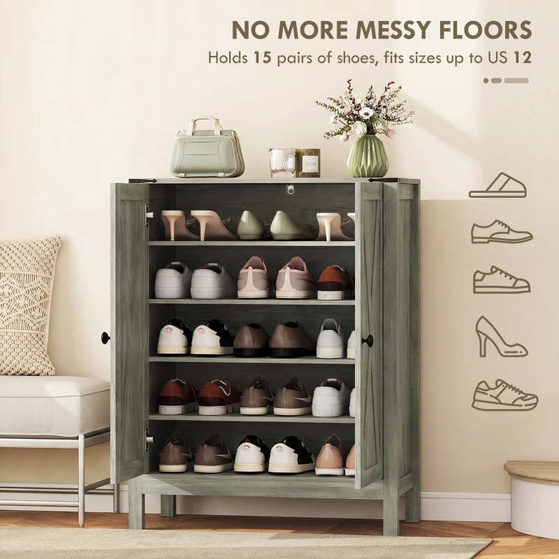 HOMCOM Shoe Cabinet with Barn Doors, Farmhouse Shoe Storage Cabinet with Adjustable Shelves, Holds up to 15 Pairs, Grey